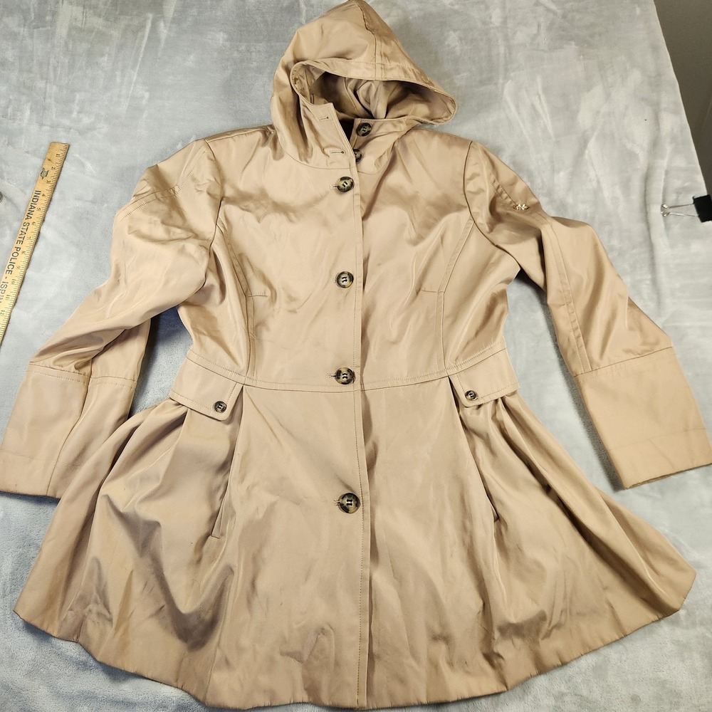 Calvin Klein Women's Hooded Double-Breasted Trench Coat Parka Beige M Classic